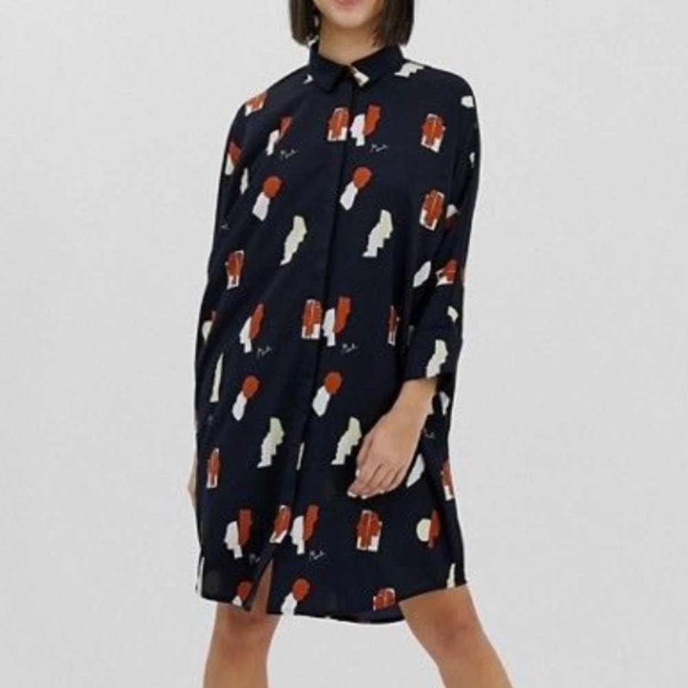 Monki Oversized Shirt Dress in Face Print with Pockets S EUC